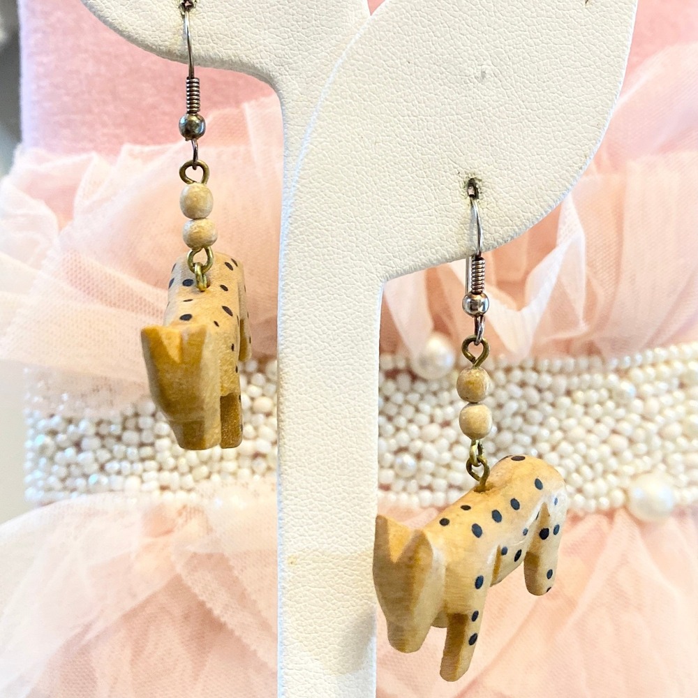 Whimsical Wood Animal Earrings Leopard Print Bead Dangle Drop Women's Jewelry